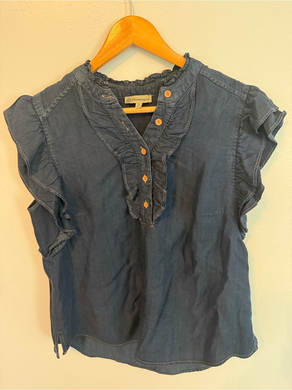 Democracy Denim-Blue Ruffle Button-Front Blouse
